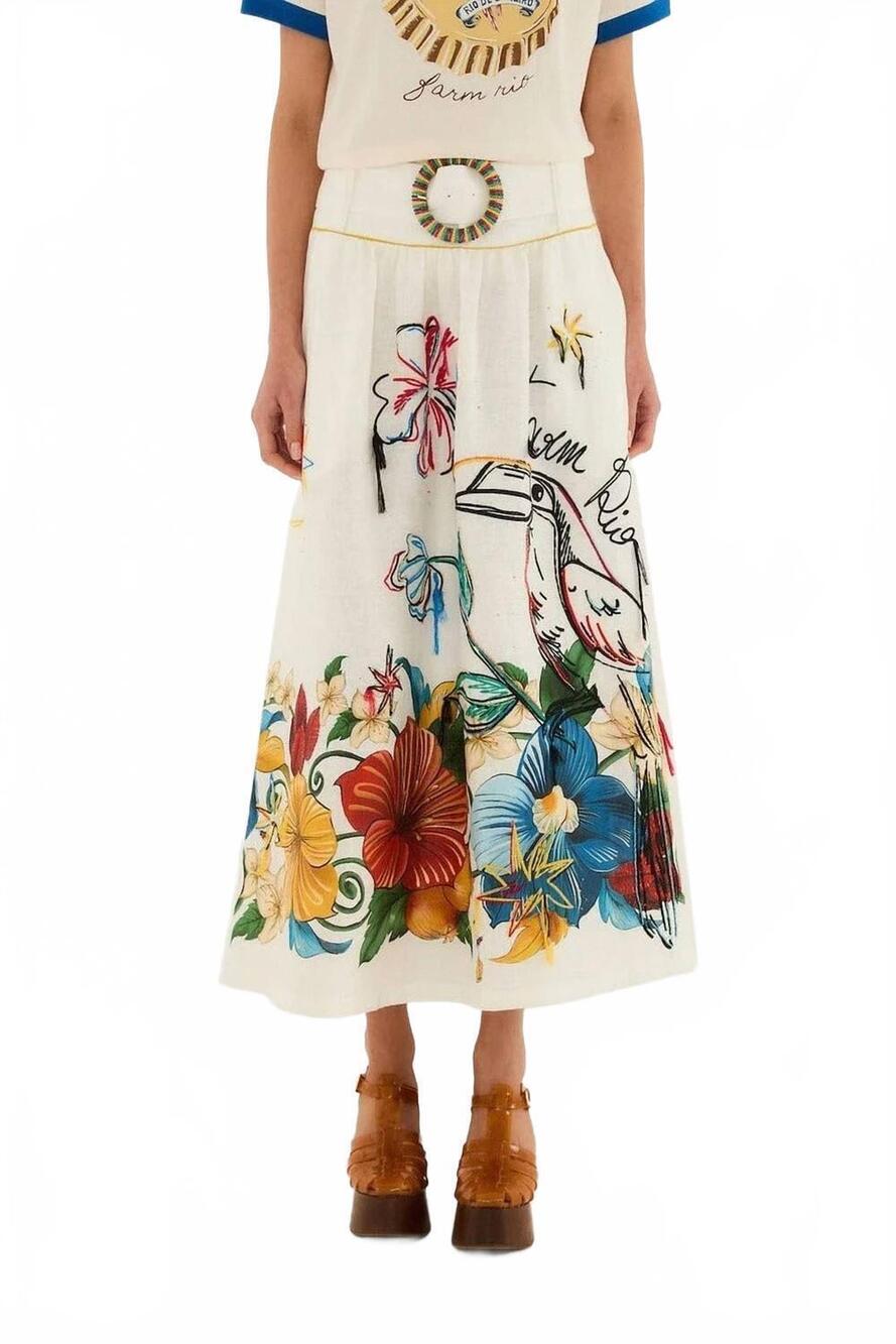 NEW FARM RIO tropi embroidered linen skirt in off-white